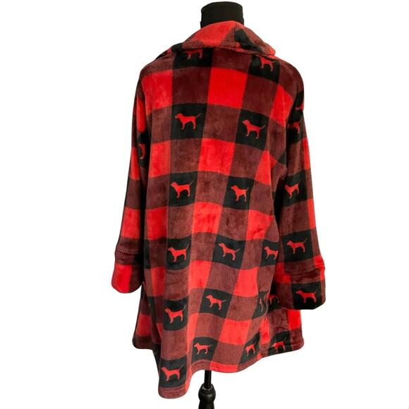 Victoria Secret Pink Red Buffalo Plaid Fuzzy Mid-Length Robe Size XS - Picture 4 of 7